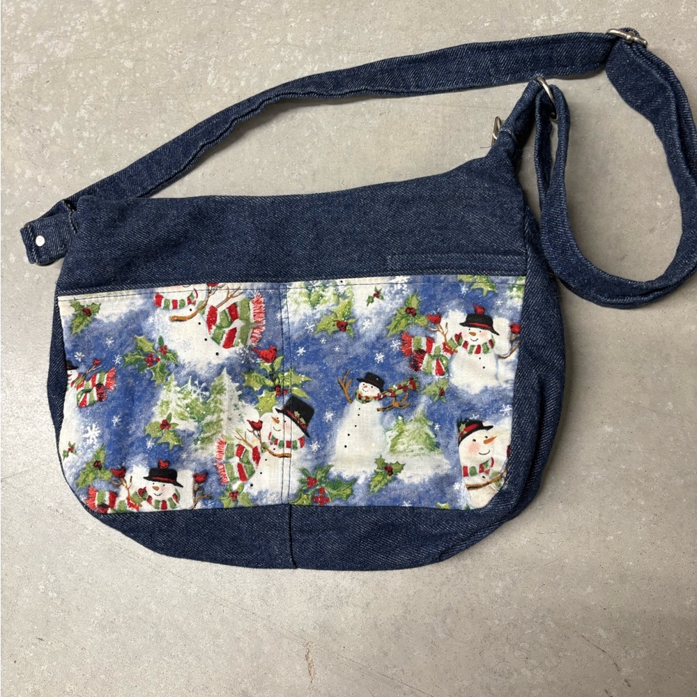 Denim Snowman Print Shoulder Bag